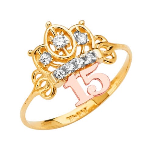 14K Tri Color Gold 15 Years Cubic Zirconia Crown Ring