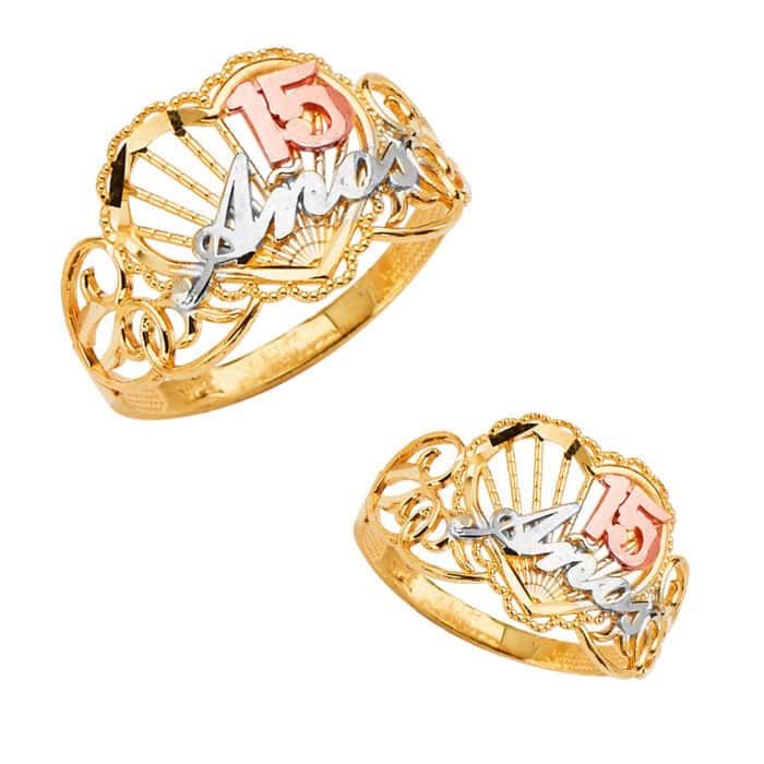 14K Tri Color Gold 15 Years Cubic Zirconia Crown Ring - Image 3