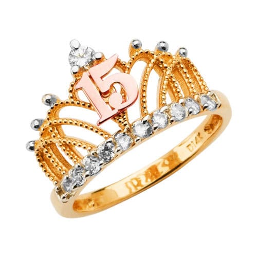 14K Tri Color Gold 15 Years Cubic Zirconia Crown Ring