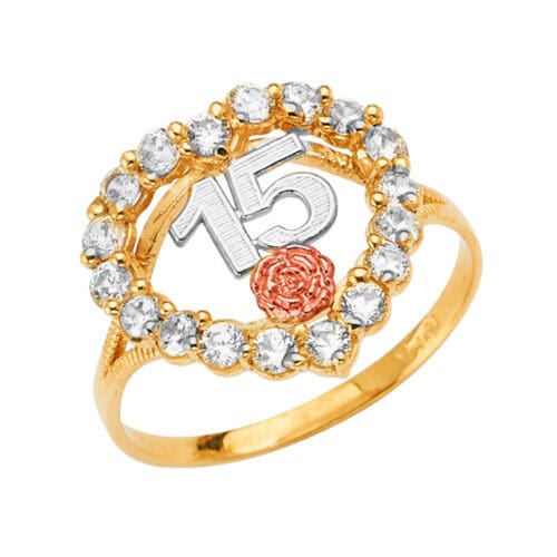 14K Tri Color Gold 15 Years Cubic Zirconia Heart Ring