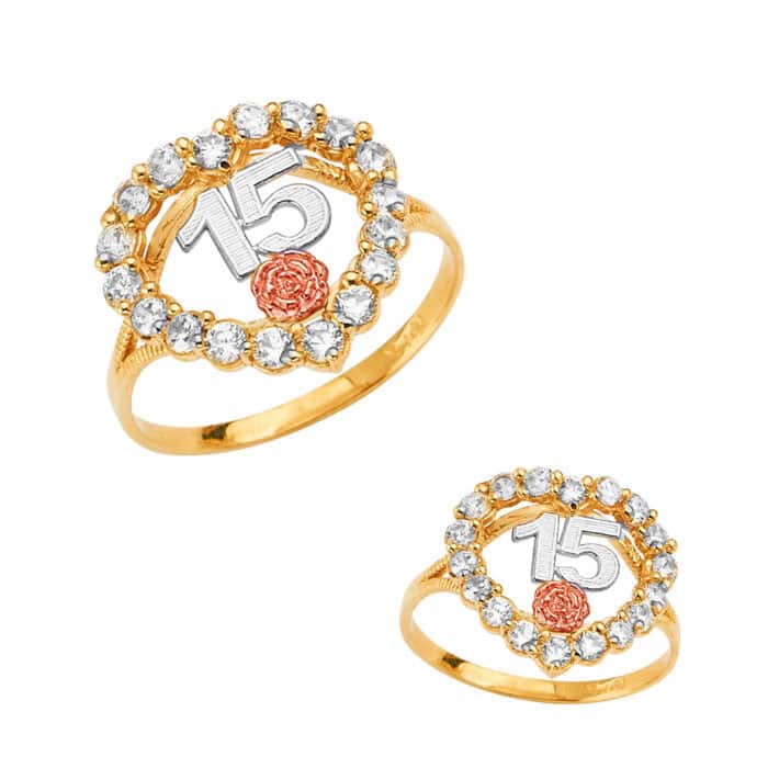 14K Tri Color Gold 15 Years Cubic Zirconia Heart Ring - Image 3
