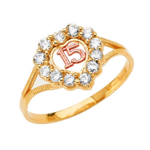 14K Tri Color Gold 15 Years Cubic Zirconia Heart Ring