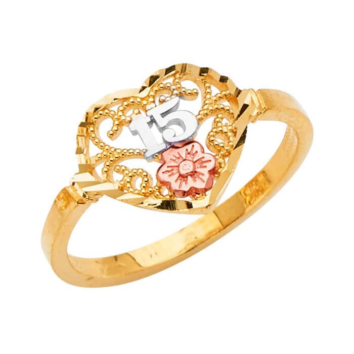14K Tri Color Gold 15 Years Ring