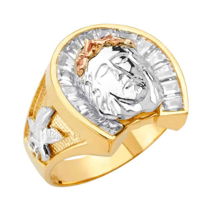 14K Tri Color Gold Horse Shoe Men's Cubic Zirconia Ring w/Jesus