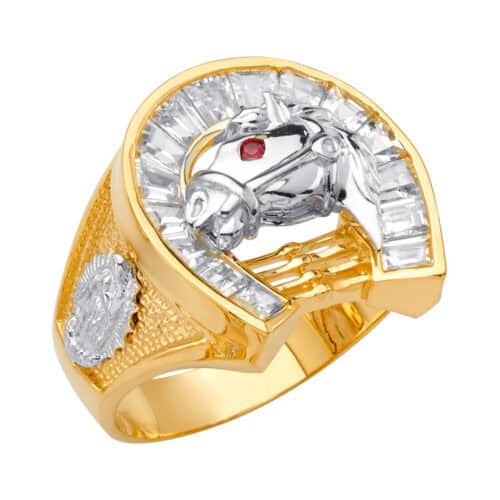 14K Two Tone Gold Horse Shoe Men's Cubic Zirconia Ring