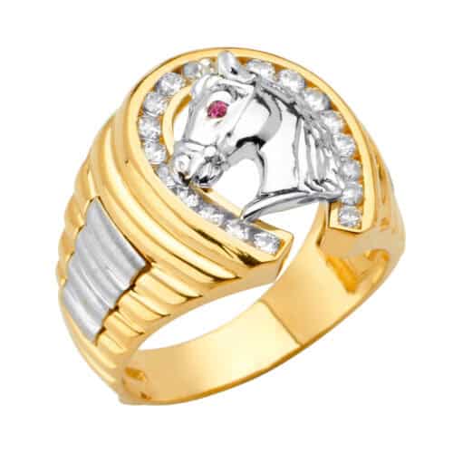 14K Two Tone Gold Horse Shoe Men's Cubic Zirconia Ring