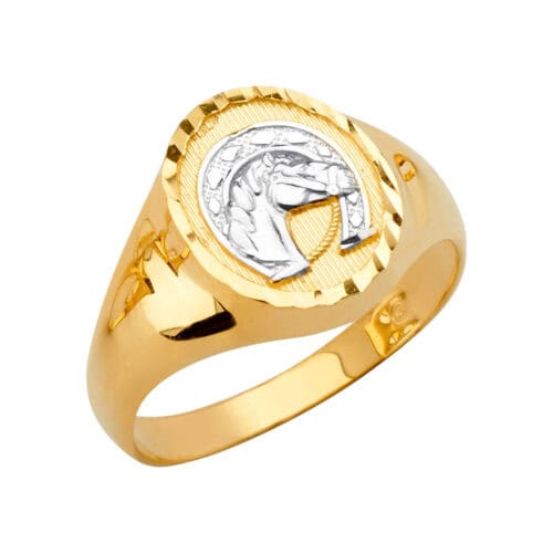 14K Yellow Gold Round Men's Ring w/Horse Shoe