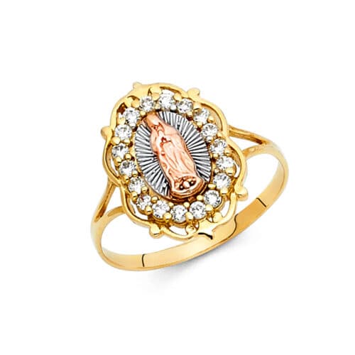 14K Tri Color Gold Religious Cubic Zirconia Ring