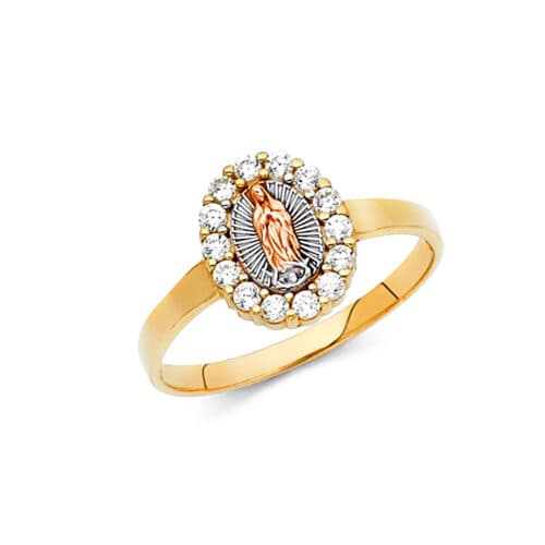 14K Tri Color Gold Religious Cubic Zirconia Ring