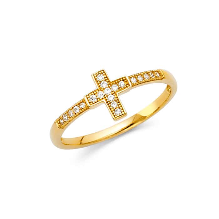 14K Yellow Gold Religious Cross Cubic Zirconia Ring