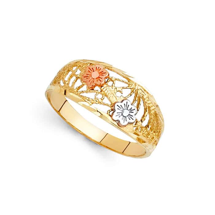 14K Tri Color Gold Fancy Flower Ring - Image 2