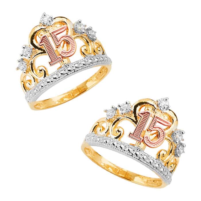 14K Tri Color Gold 15 Years Crown Cubic Zirconia Ring - Image 3