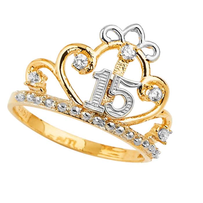 14K Two Tone Gold 15 Years Crown Cubic Zirconia Ring - Image 2