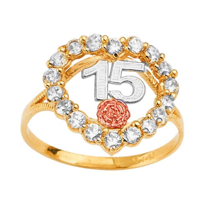 14K Tri Color Gold 15 Years Cubic Zirconia Heart Ring - Image 2