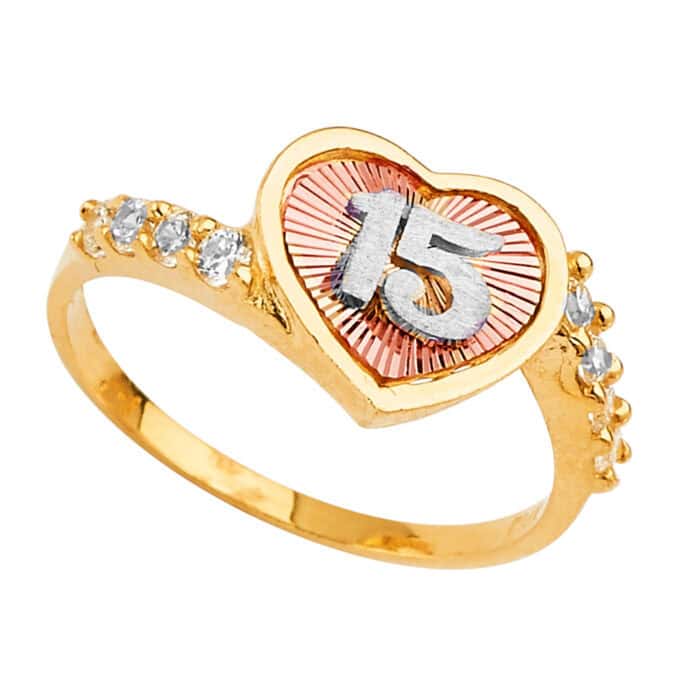 14K Tri Color Gold 15 Years Cubic Zirconia Heart Ring - Image 2