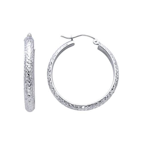 14K White Gold 3.5mm Diamond Cut Hoop Earrings