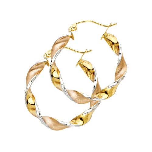 14K Tri Color Gold 4mm Swirl Hoop Earrings