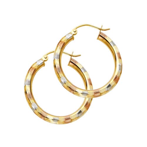 14K Tri Color Gold 3mm Diamond Cut Hoop Earrings
