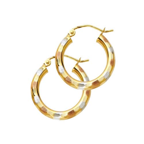 14K Tri Color Gold 3mm Diamond Cut Hoop Earrings