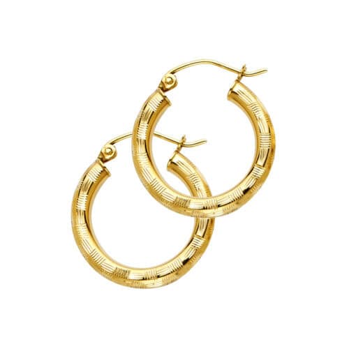 14K Yellow Gold 3mm Diamond Cut Hoop Earrings
