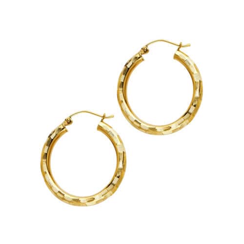 14K Yellow Gold 3mm Diamond Cut Hoop Earrings