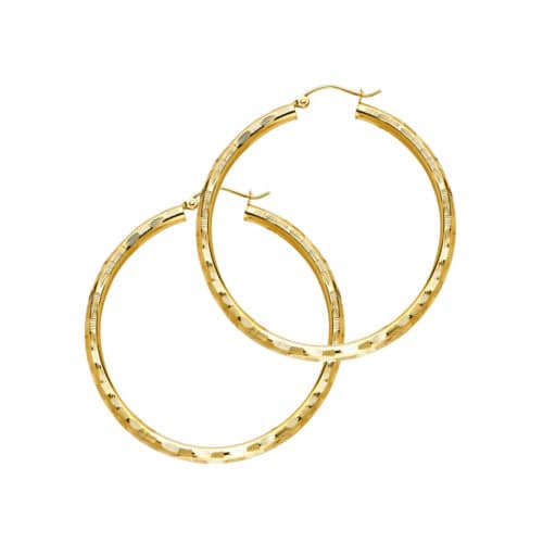 14K Yellow Gold 3mm Diamond Cut Hoop Earrings