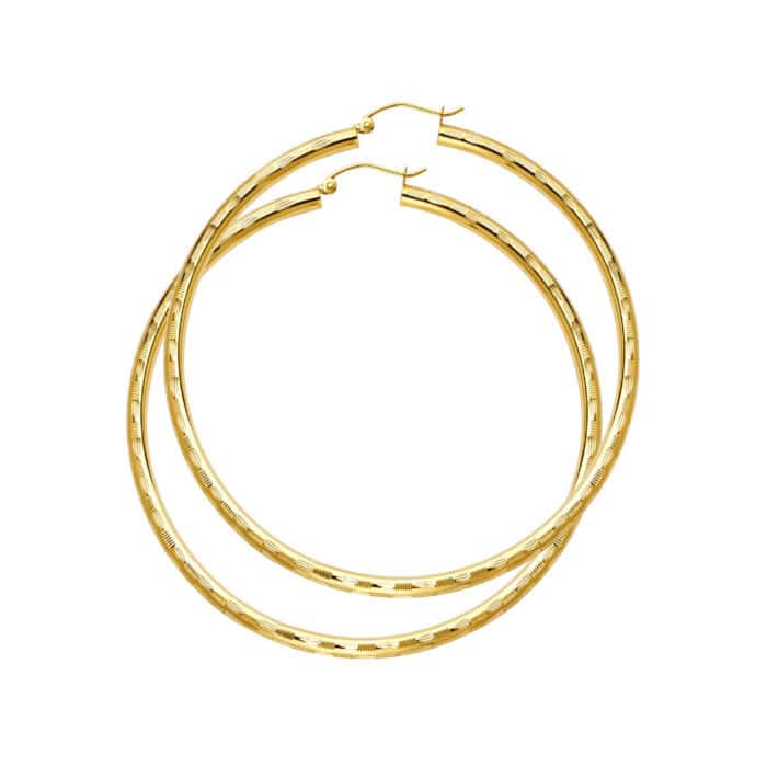 14K Yellow Gold 3mm Diamond Cut Hoop Earrings