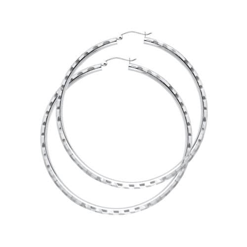 14K White Gold 3mm Diamond Cut Hoop Earrings