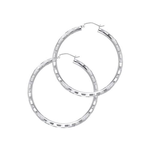 14K White Gold 3mm Diamond Cut Hoop Earrings