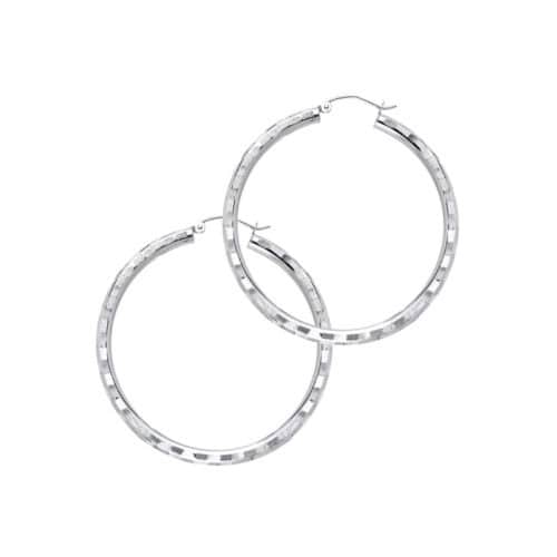 14K White Gold 3mm Diamond Cut Hoop Earrings