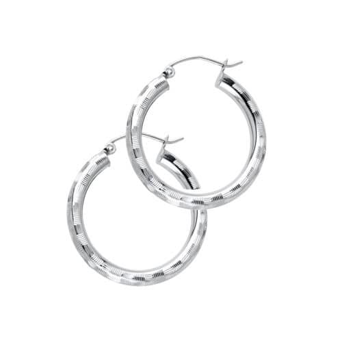 14K White Gold 3mm Diamond Cut Hoop Earrings