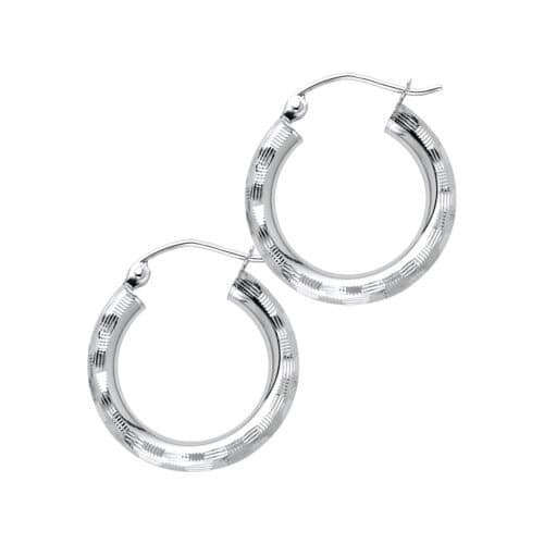14K White Gold 3mm Diamond Cut Hoop Earrings