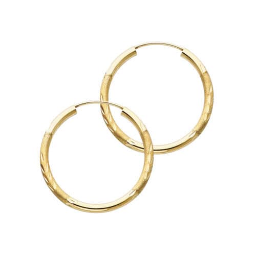 14K Yellow Gold 2mm Diamond Cut Hoop Earrings