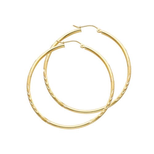 14K Yellow  2mm Diamond Cut Hoop Earrings