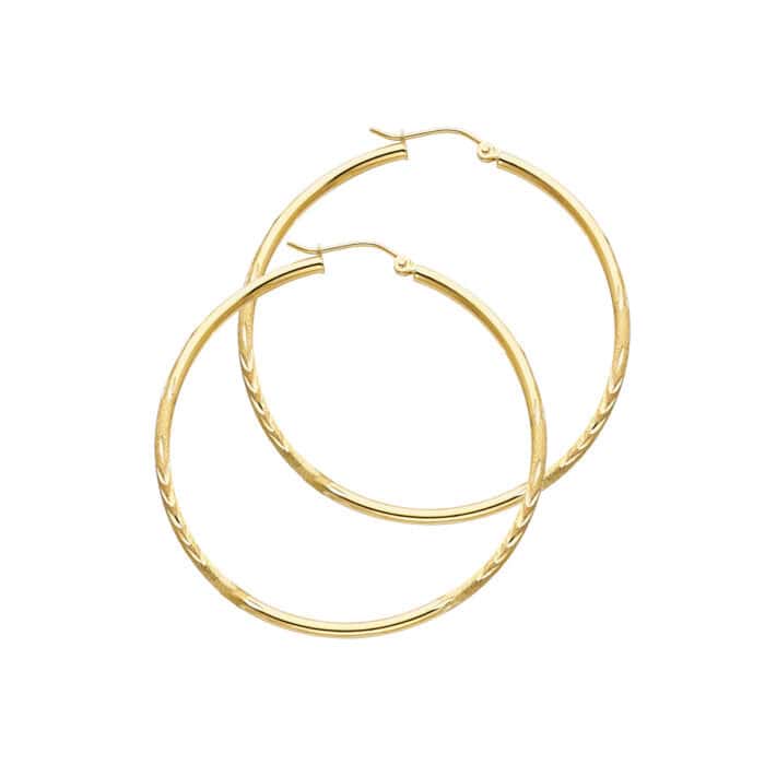 14K Yellow Gold 2mm Diamond Cut Hoop Earrings