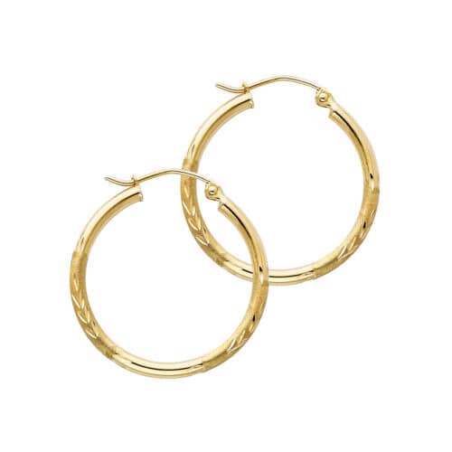 14K Yellow Gold 2mm Diamond Cut Hoop Earrings