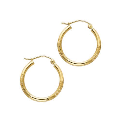 14K Yellow Gold  2mm Diamond Cut Hoop Earrings
