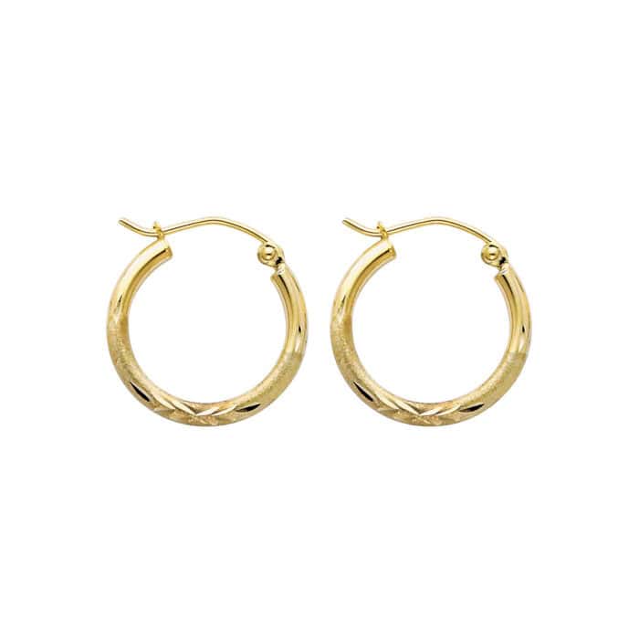14K Yellow Gold  2mm Diamond Cut Hoop Earrings