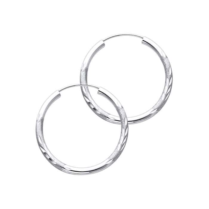 14K White Gold 2mm Diamond Cut Hoop Earrings