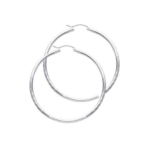 14K White Gold 2mm Diamond Cut Hoop Earrings
