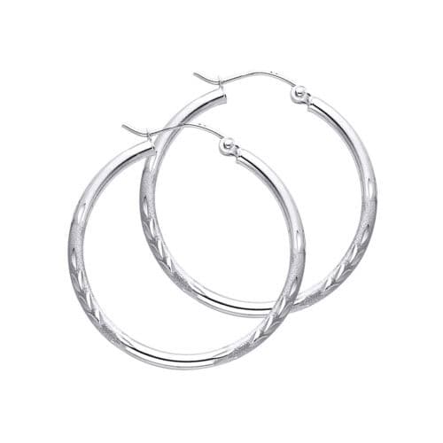 14K White Gold 2mm Diamond Cut Hoop Earrings