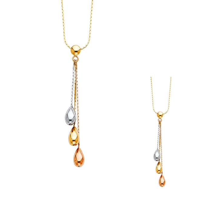 14K Tri Color Gold Tear Drop Ball Necklace - 17+1" - Image 2