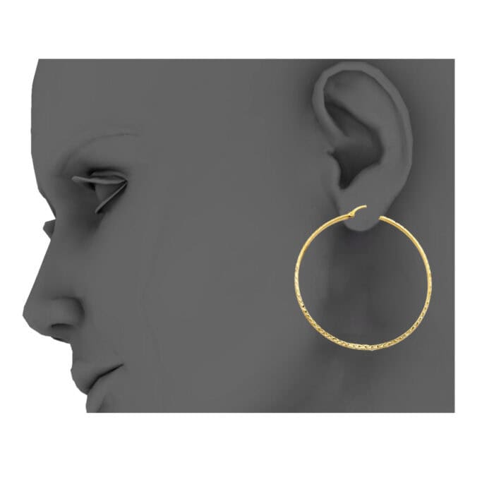 14K Yellow Gold 3mm Diamond Cut Hoop Earrings - Image 2