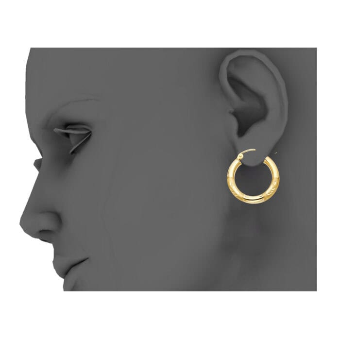 14K Yellow Gold 3mm Diamond Cut Hoop Earrings - Image 3