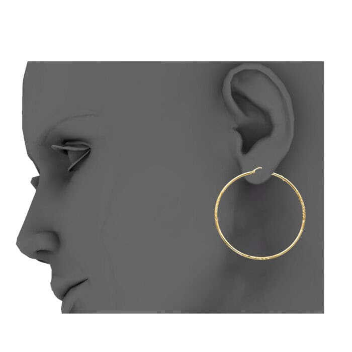 14K Yellow Gold 2mm Diamond Cut Hoop Earrings - Image 3
