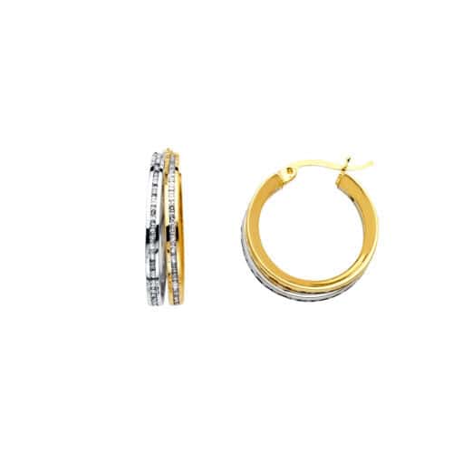 14K Two Tone Gold RD Cubic Zirconia Channel 2 Line Hoop Earrings