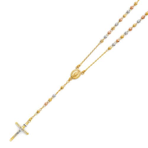 14K Tri Color Gold 4mm Beads Ball Rosary Necklace - 26"