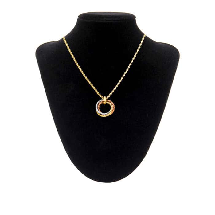14K Tri Color Gold Round Hanging Necklace - 17+1" - Image 3