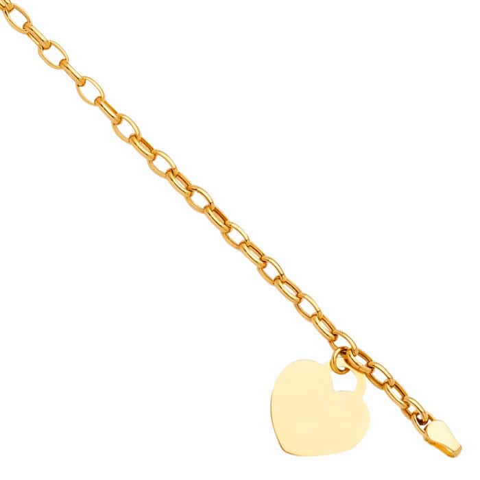 14K Yellow Gold Heart Pendant Hollow Bracelet - 7.5"