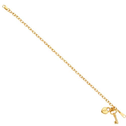 14K Yellow Gold Heart & Key Pendant Hollow Bracelet - 7.5"